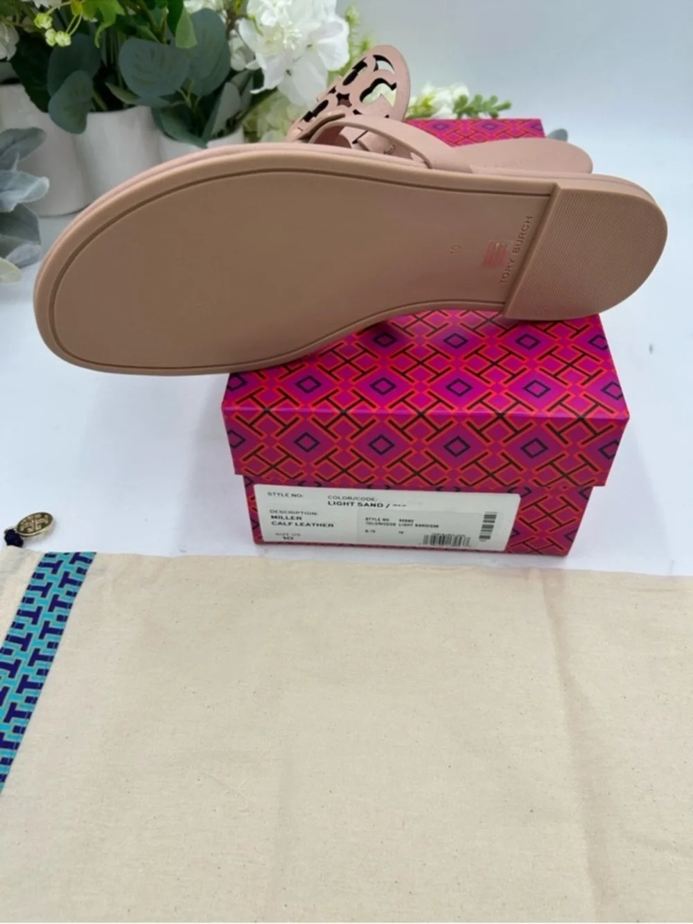 Women’s Tory Burch, MILLER soft calf, leather sandals in light sand size 10